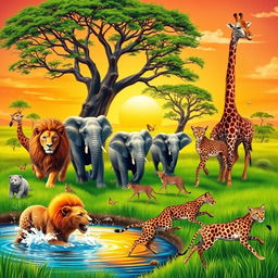 A vibrant and colorful safari scene filled with various animals in their natural habitat