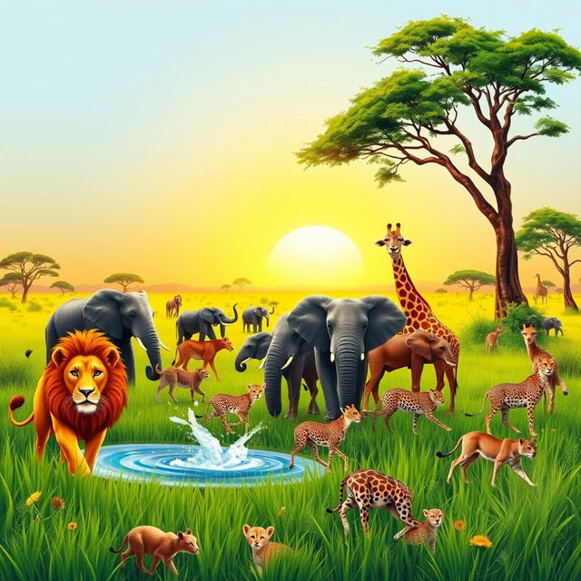 A vibrant and colorful safari scene filled with various animals in their natural habitat