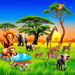 A vibrant and colorful safari scene filled with various animals in their natural habitat
