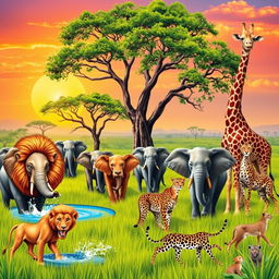 A vibrant and colorful safari scene filled with various animals in their natural habitat