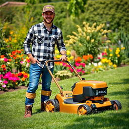 A man wearing a checkered shirt, blue denim jeans, and sturdy boots, along with a cap emblazoned with the word 'PROG'