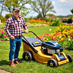 A man wearing a checkered shirt, blue denim jeans, and sturdy boots, along with a cap emblazoned with the word 'PROG'