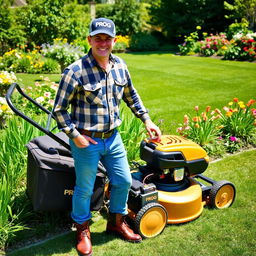 A man wearing a checkered shirt, blue denim jeans, and sturdy boots, along with a cap emblazoned with the word 'PROG'