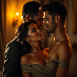 A realistic and intimate scene depicting an encounter between a man and a woman in a moment of closeness and complicity