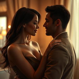 A realistic and intimate scene depicting an encounter between a man and a woman in a moment of closeness and complicity