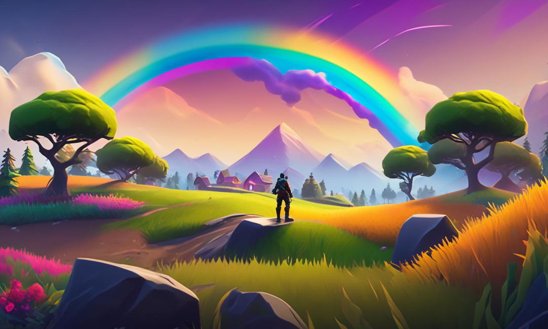 32k HD minimal Fortnite wallpaper featuring a vibrant rainbow arching over a simplified Fortnite landscape.