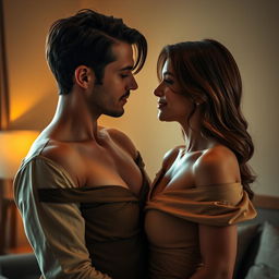 A realistic and intimate scene depicting a moment of closeness and complicity between a confident woman with large breasts and a man