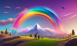 32k HD minimal Fortnite wallpaper featuring a vibrant rainbow arching over a simplified Fortnite landscape.