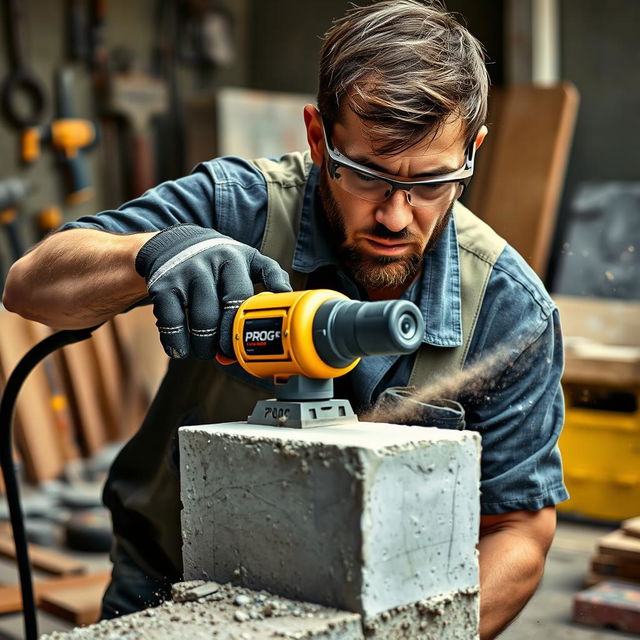 A man using a golden and black concrete grinder labeled with 'PROG' to cut through a block of concrete