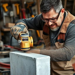 A man using a golden and black concrete grinder labeled with 'PROG' to cut through a block of concrete