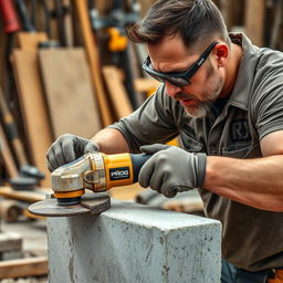 A man using a golden and black concrete grinder labeled with 'PROG' to cut through a block of concrete