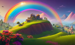 32k HD minimal Fortnite wallpaper featuring a vibrant rainbow arching over a simplified Fortnite landscape.