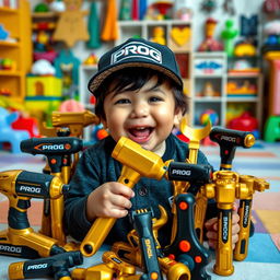 A playful child surrounded by shiny golden and black toy tools, each labeled with 'PROG'