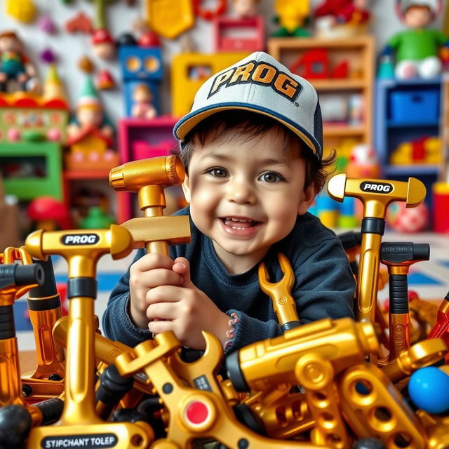 A playful child surrounded by shiny golden and black toy tools, each labeled with 'PROG'