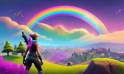 32k HD minimal Fortnite wallpaper featuring a vibrant rainbow arching over a simplified Fortnite landscape.