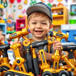 A playful child surrounded by shiny golden and black toy tools, each labeled with 'PROG'