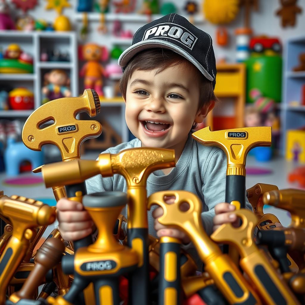 A playful child surrounded by shiny golden and black toy tools, each labeled with 'PROG'