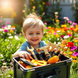 A cheerful child playing with a toolbox filled with shiny golden and black toy tools, all labeled with 'PROG'