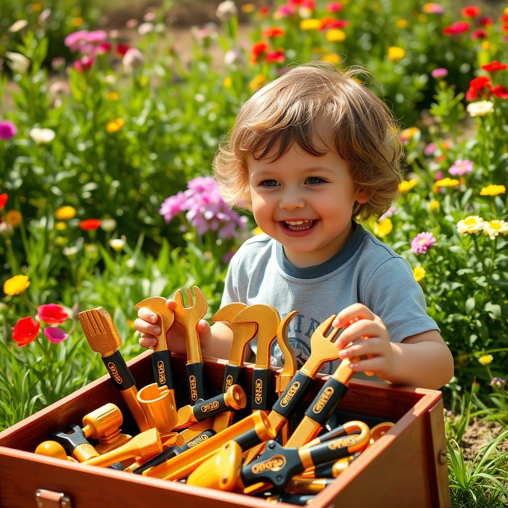 A cheerful child playing with a toolbox filled with shiny golden and black toy tools, all labeled with 'PROG'