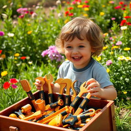 A cheerful child playing with a toolbox filled with shiny golden and black toy tools, all labeled with 'PROG'