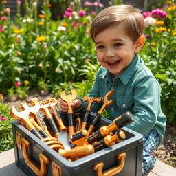 A cheerful child playing with a toolbox filled with shiny golden and black toy tools, all labeled with 'PROG'