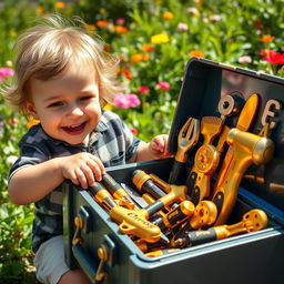 A cheerful child playing with a toolbox filled with shiny golden and black toy tools, all labeled with 'PROG'