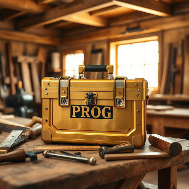 A striking golden and black toolbox labeled with 'PROG' sitting on a wooden workbench