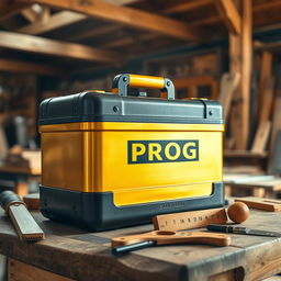 A striking golden and black toolbox labeled with 'PROG' sitting on a wooden workbench