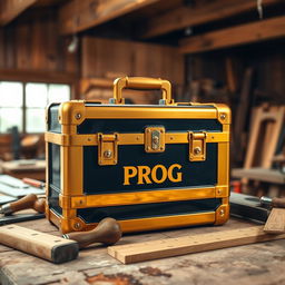 A striking golden and black toolbox labeled with 'PROG' sitting on a wooden workbench