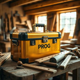 A striking golden and black toolbox labeled with 'PROG' sitting on a wooden workbench