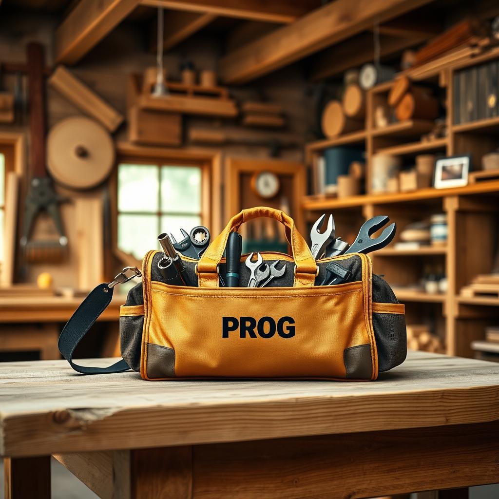 A stunning golden and black tool bag labeled with 'PROG' placed on a wooden workbench