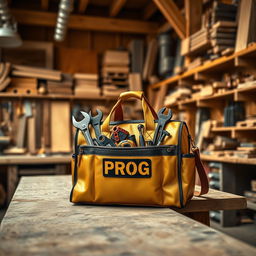 A stunning golden and black tool bag labeled with 'PROG' placed on a wooden workbench