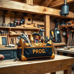 A stunning golden and black tool bag labeled with 'PROG' placed on a wooden workbench
