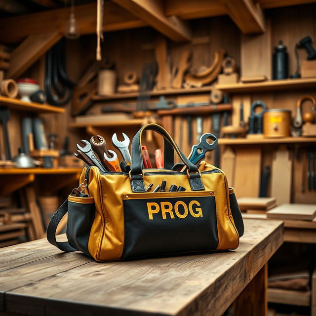 A stunning golden and black tool bag labeled with 'PROG' placed on a wooden workbench