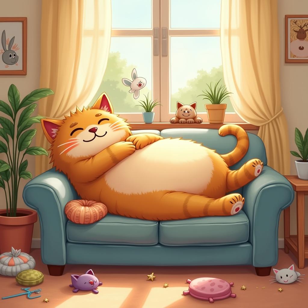 A charming and humorous depiction of a big fat cat lounging comfortably on a cozy couch