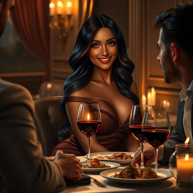 An extremely realistic portrayal of a luxurious restaurant scene featuring a captivating woman with big, voluptuous curves, sitting at a candlelit table