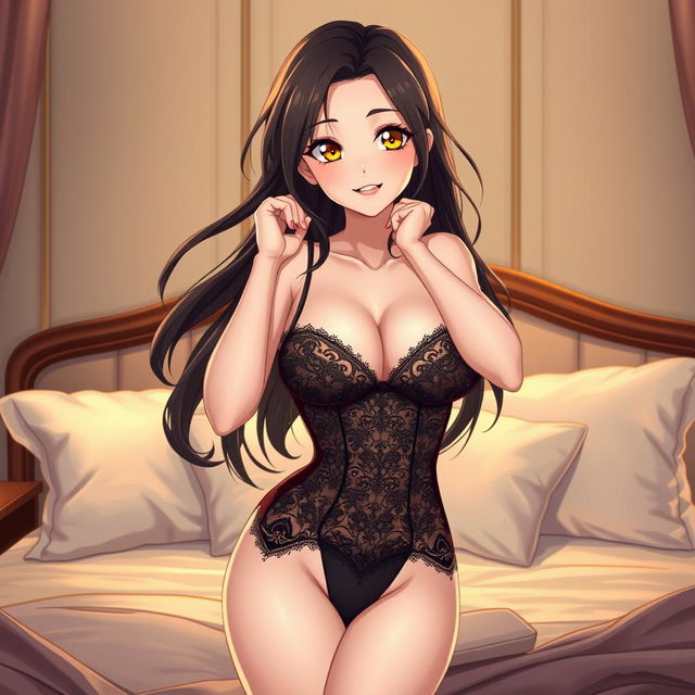 An anime-style illustration of a confident adult woman, posing seductively in an elegant bedroom setting