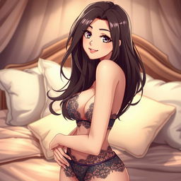 An anime-style illustration of a confident adult woman, posing seductively in an elegant bedroom setting