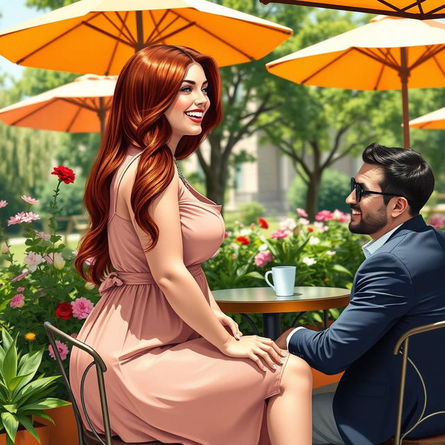 A very realistic landscape-oriented image of a charming outdoor café scene, featuring an attractive woman with big, voluptuous curves enjoying a sunny day