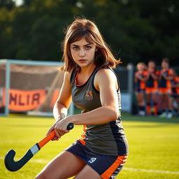 A vibrant and energetic scene of a 19-year-old girl playing field hockey