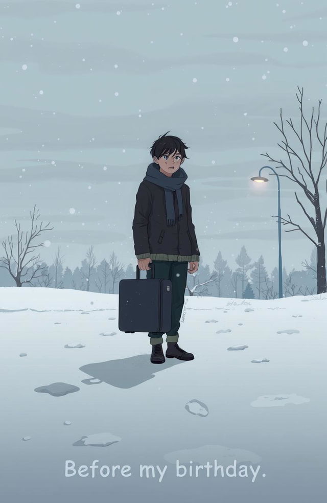 A melancholic scene depicting a person standing outside in a snowy winter landscape, holding a packed suitcase, looking forlorn