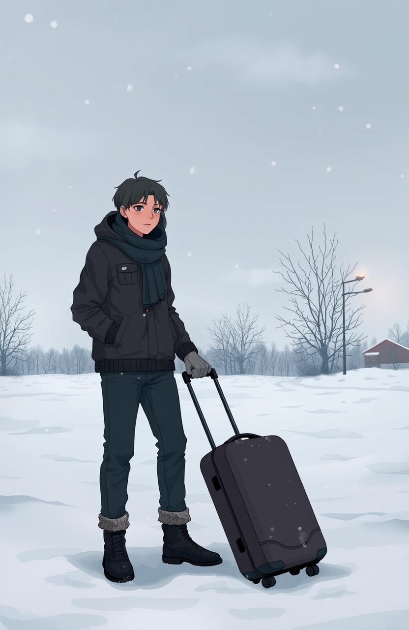 A melancholic scene depicting a person standing outside in a snowy winter landscape, holding a packed suitcase, looking forlorn