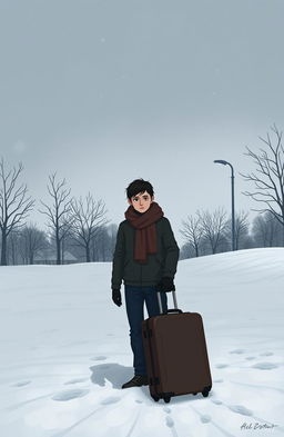 A melancholic scene depicting a person standing outside in a snowy winter landscape, holding a packed suitcase, looking forlorn
