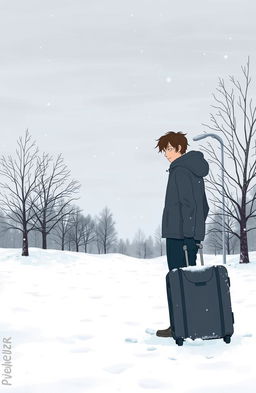 A melancholic scene depicting a person standing outside in a snowy winter landscape, holding a packed suitcase, looking forlorn