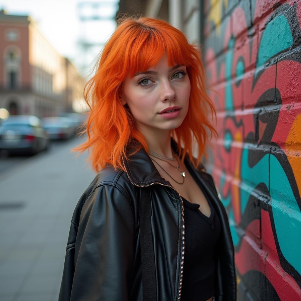 A stylish young woman with bright fake ginger hair, showcasing a trendy and artistic look