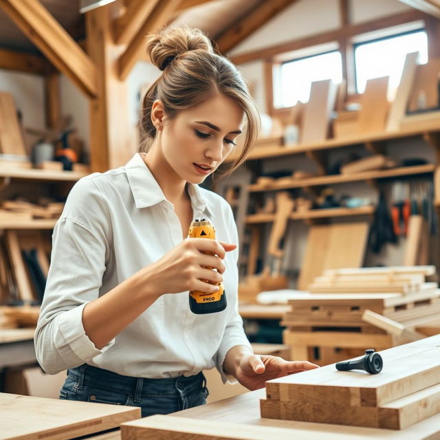 A skilled woman using a golden and black power screwdriver labeled with 'PROG' as she works in a carpentry shop