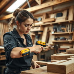 A skilled woman using a golden and black power screwdriver labeled with 'PROG' as she works in a carpentry shop