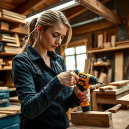 A skilled woman using a golden and black power screwdriver labeled with 'PROG' as she works in a carpentry shop