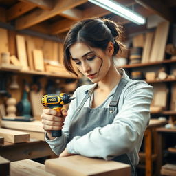 A skilled woman using a golden and black power screwdriver labeled with 'PROG' as she works in a carpentry shop