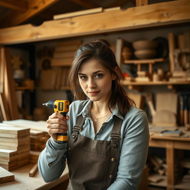 A skilled woman using a gold and black battery-powered screwdriver labeled 'PROG' as she diligently works in a carpentry workshop